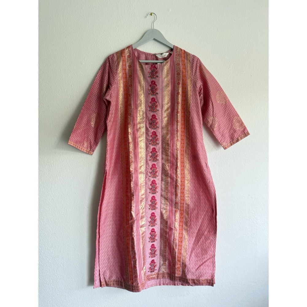 Tanisha Women's Pink Gold Floral Print Regular A-line Kurta Top Only Size Medium - Picture 2 of 11